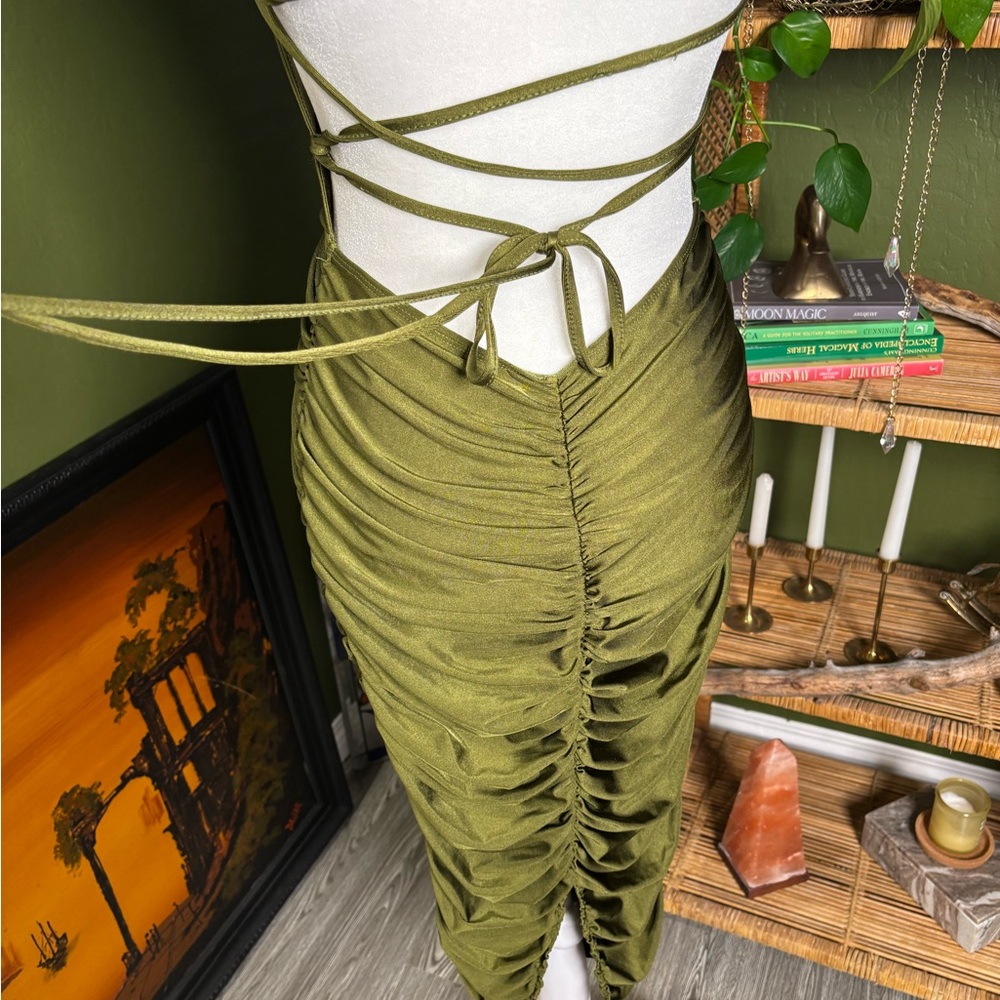 Olive Green Ruched Satin Slip Dress - Picture 4 of 4